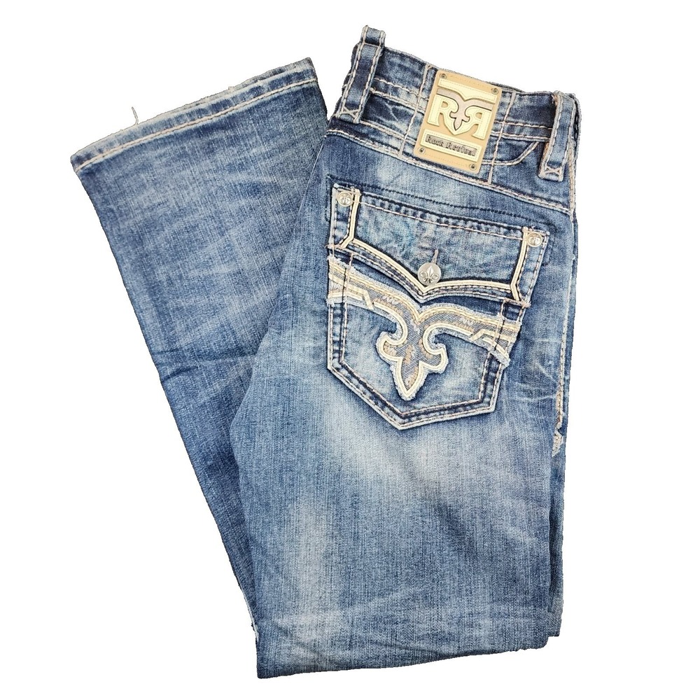 Rock Revival Rogue Boot Cut Blue Mens 34 EP2209B200L Fleur De Lis Heavy Stitch